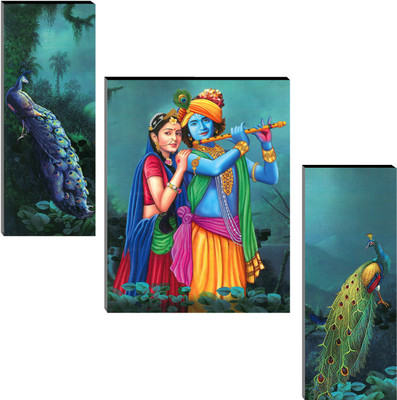 Indianara Set of 3 Radha Krishna with Peacock Art MDF Art Painting (3729FL) without glass (4.5 X 12, 9 X 12, 4.5 X 12 INCH) Digital Reprint 12 inch x 18 inch Painting(With Frame, Pack of 3)