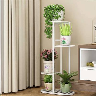 UV International Plant Stand Flower Holder - Metal 4 Tie 5 Pot Multiple Planter Shelf Display Rack Storge Organizer for Balcony Garden Indoor Outdoor Corner (White) Plant Container Set