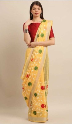 RISILA Embroidered Bhagalpuri Cotton Linen Saree(Yellow)