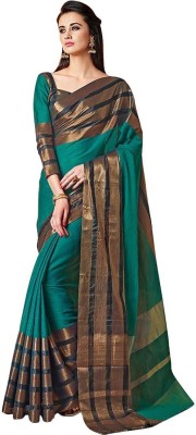 BAPS Striped, Woven, Embellished, Solid/Plain Bollywood Cotton Blend, Art Silk Saree(Multicolor)