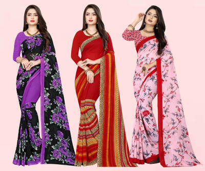 Anand Sarees Printed Daily Wear Georgette Saree(Pack of 3, Purple, Red, Pink)