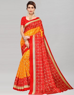 SIRIL Printed, Geometric Print Bandhani Silk Blend, Cotton Silk Saree(Red, Yellow)