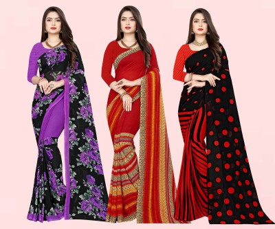 Anand Sarees Printed Daily Wear Georgette Saree(Pack of 3, Purple, Red, Black)