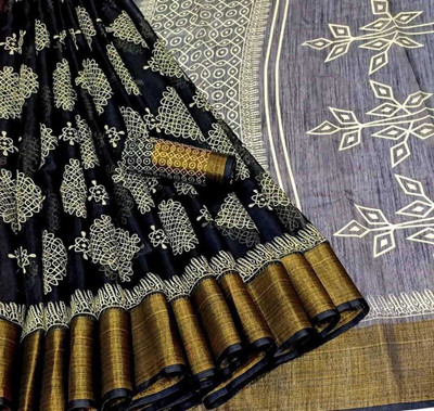 khial Printed Ikkat Cotton Blend Saree(Black)