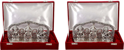RKONECT Laxmi Ganesh Saraswati Idol | Lakshmi Ganpati Silver Plated Murti for Diwali - LWH - 24 x 5 x 14 cm | Silver Finish With Velvet Box Pack of 2 Pcs. Decorative Showpiece  -  14 cm(Aluminium, Silver Plated, Metal, Silver)
