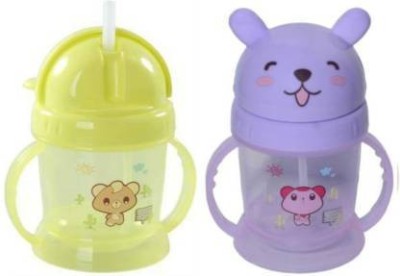 Chinmay Kids Baby Bear Soft Straw Feeding Sipper With Twin Handle Anti Spill Sippy Cup for Baby & Kids Water Bottle/Juice Sipper BPA Free 300ML (Pack of 2)(Sky Blue, Purple)