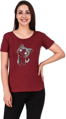 4M SALES Printed Women Round Neck Maroon T-Shirt
