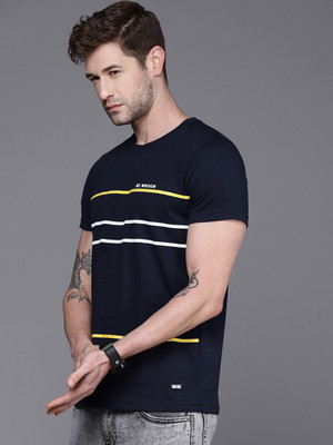 WROGN Striped Men Round Neck Dark Blue, White, Yellow T-Shirt