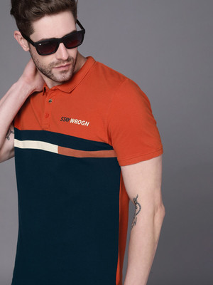 WROGN Colorblock Men Polo Neck Dark Blue T-Shirt