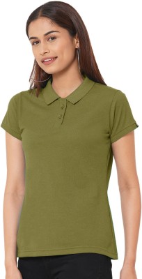 WEAR YOUR OPINION Solid Women Polo Neck Dark Green T-Shirt