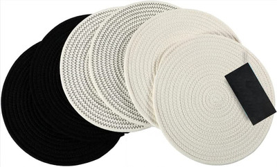 Textile and Beyond Round Pack of 6 Table Placemat(Black, White, Cotton)