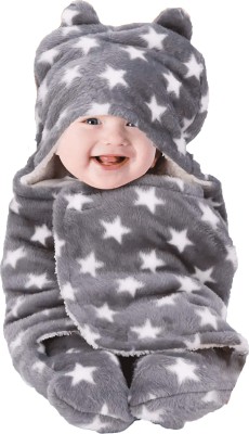 BeyBee Printed Single Hooded Baby Blanket for  Mild Winter(Woollen Blend, Grey)