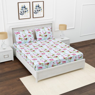 AVI 180 TC Cotton King Floral Flat Bedsheet(Pack of 1, Pink-Green)