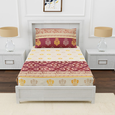 AVI 180 TC Cotton Single Printed Fitted (Elastic) Bedsheet(Pack of 1, Maroon-Beige)