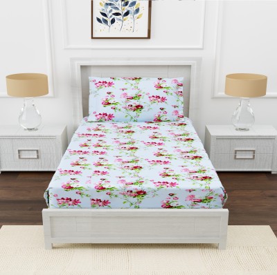 AVI 180 TC Cotton Single Floral Fitted (Elastic) Bedsheet(Pack of 1, Blue)