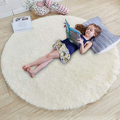 RM Handloom White Polyester Carpet(5 ft,  X 5 ft, Circle)