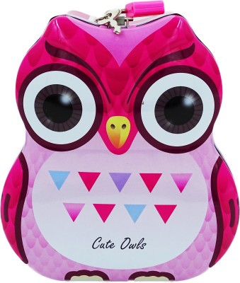 Johnnie Boy Cute pink OWL metal lid piggy bank 3D cartoon character storage boxes with lock Coin Bank(Pink)