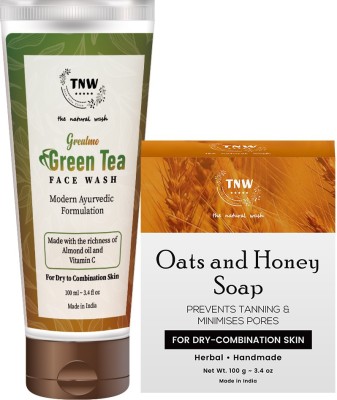 TNW - The Natural Wash Combo of Detox Green Tea Face Wash(100ml) Dirt Removal | Vitamin C-Green Tea Helps Prevent Acne and Purifies Skin with Handmade Oats and Honey Moisturizing Soap For Combination Dry Skin A Paraben-Free, Silicon and Sulphate-Free(100g)(2 Items in the set)