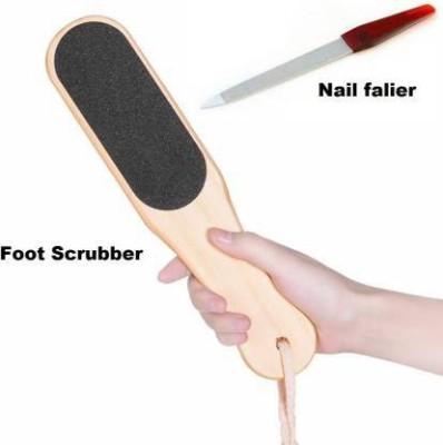 Lenon Beauty Double sided flat foot scrubber skin callus remover pedicure tool with wooden handle and hanging hook with nail file manicure tool for men and women(2 Items in the set)