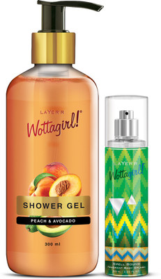 LAYER'R Combo | Peach & Avocado Shower Gel | Non-Toxic and Paraben Free | For Women, 300ML with Spell Bound Body Splash, 60 ml(2 Items in the set)