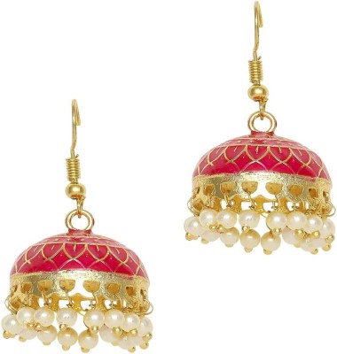 fabula Pink Meenakari Enamel Minimal Beads, Crystal Metal Jhumki Earring
