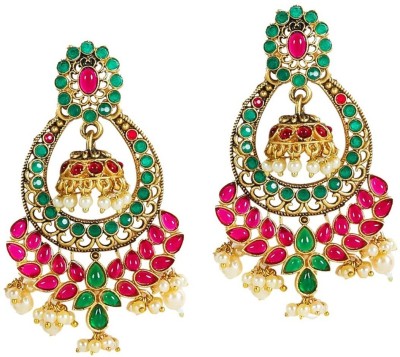 fabula Red & Green Kemp Stone South Indian Jhumka Beads, Crystal Metal Jhumki Earring