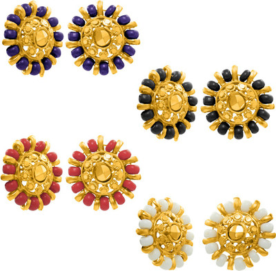 NAKABH Traditional South Indian Temple Jewellery Stylish Fancy Party Wear Wedding Bridal Multicolor Oxidised Golden Orange Black Blue White Small Stud Tops Pack / Antique Multi Ear Rings For Women Girls Latest Design Daily Use Combo Set Of 4 Pairs Earrings Beads Brass Stud Earring