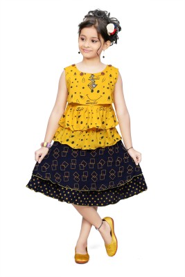 Angels Indi Girls Below Knee Casual Dress(Yellow, Sleeveless)