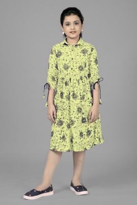 Mirrow Trade Girls Midi/Knee Length Casual Dress(Green, 3/4 Sleeve)