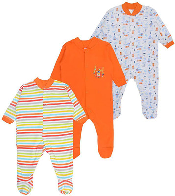 tiniberry Romper For Baby Boys & Baby Girls Printed, Striped Cotton Blend(Orange, Pack of 3)