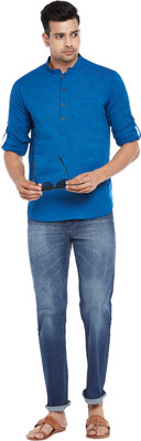 Indus Route by Pantaloons Men Solid Straight Kurta(Blue)
