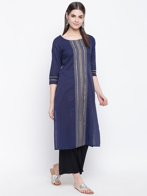 Stylum Women Printed Straight Kurta(Dark Blue)