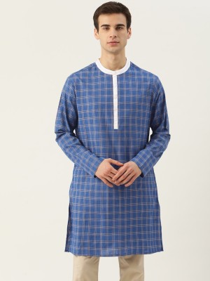 Ode by House of Pataudi Men Checkered Straight Kurta(Blue)