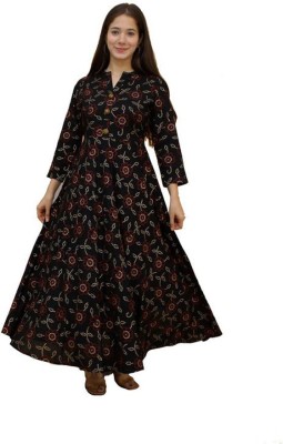 Annsh Apparel Women Printed Gown Kurta(Black)