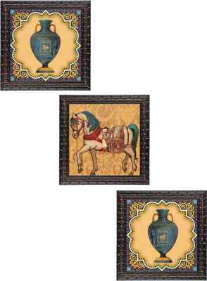 Indianara Set of 3 Modern Art Framed Wall Hanging Laminated Paintings Matt Art Prints 9.5 inch x 9.5 inch each without Glass (4010GB) Digital Reprint 19 inch x 19 inch Painting(With Frame, Pack of 3)