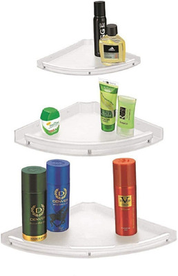 CUROVIT Unbreakable High-Grade Frosted Acrylic Set of 3 Wall Mounted Corner Shelf Acrylic Wall Shelf(Number of Shelves - 3, White)