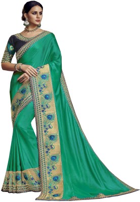 Bilvexy Embroidered, Solid/Plain Bollywood Silk Blend Saree(Green)