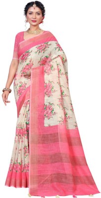 Joindeal Floral Print Ikkat Linen Saree(Cream, Pink)