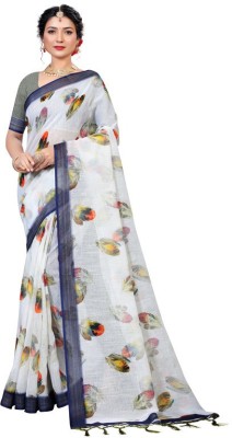 Joindeal Floral Print Ikkat Linen Saree(White)