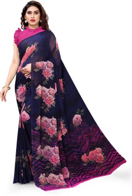 Madhur milan Floral Print Daily Wear Georgette Saree(Dark Blue)