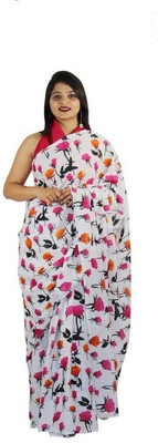 FabricoWorld Floral Print Daily Wear Pure Cotton Saree(White)