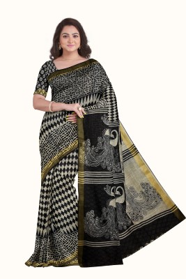 Exim Fashion Printed Daily Wear Cotton Linen Saree(Black)