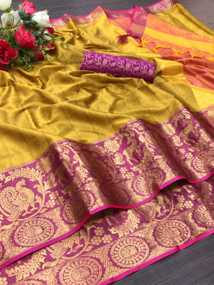 Gold Art Fashion Woven Banarasi Cotton Silk Saree(Yellow, Pink)