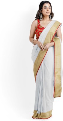 Sareez House Solid/Plain Bollywood Cotton Silk Saree(Red, White)