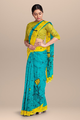 vastraprint Printed Ikkat Cotton Blend Saree(Blue, Yellow)
