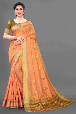 Chechern Woven Banarasi Jacquard, Cotton Silk Saree(Gold, Orange)