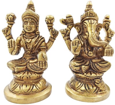 vrindavan shopi Fine Brass Lord Laxmi Ganesha idol statue for Diwali pooja and Gift for Home temple 300gms Decorative Showpiece  -  7 cm(Brass, Gold)
