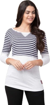 Clothy Striped Women Round Neck Blue T-Shirt