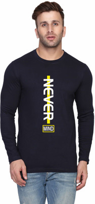 SLOWLORIS Typography Men Round Neck Dark Blue T-Shirt