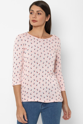 Allen Solly Printed Women Round Neck Pink T-Shirt